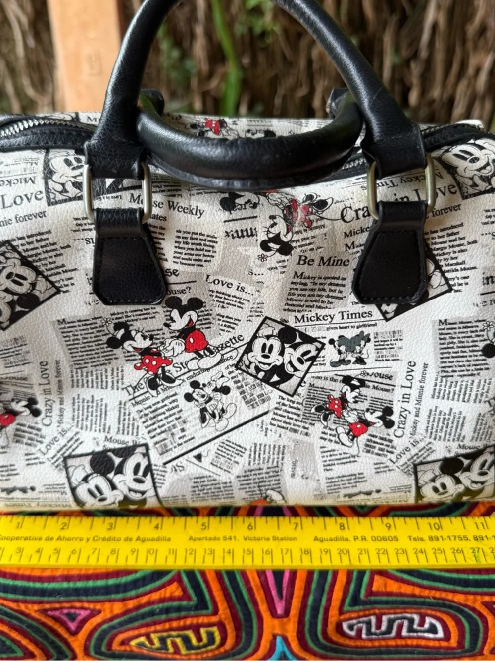 Disney Mickey Minnie‎ Newspaper Print Satchel Handbag Black White Bowling Bag